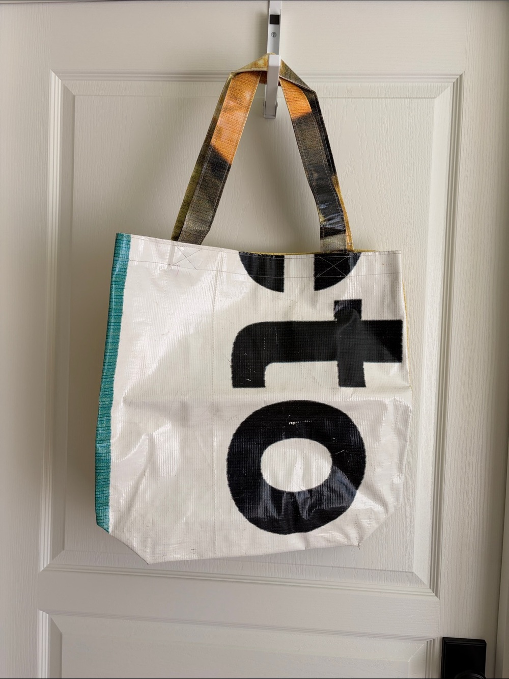 Recycled Graphic Tote Bag in White & Black with Teal Side